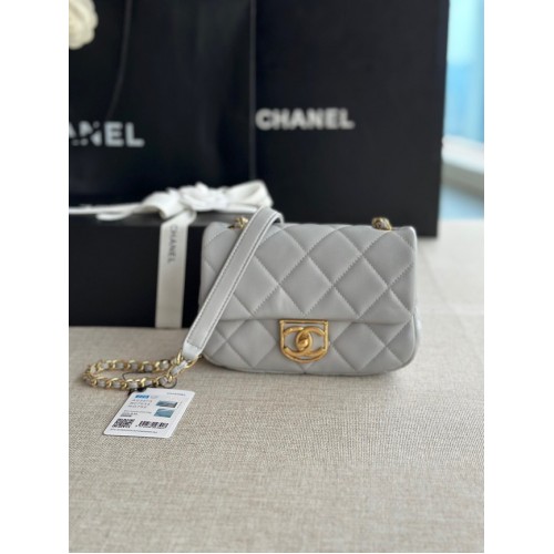 Chanel MINI FLAP BAG Jehněčí kůže zlatá kovová AS3473 šedá