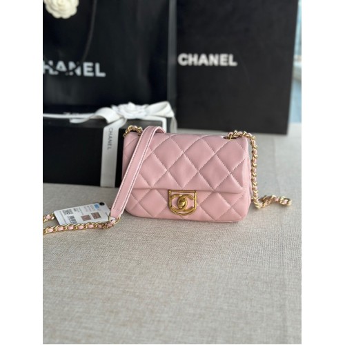 Chanel MINI FLAP BAG Jehněčí kůže zlatá kovová AS3473 růžová