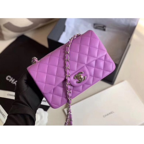 Chanel MINI Flap Bag Originální ovčí kůže 1116 levandule stříbrná kovová