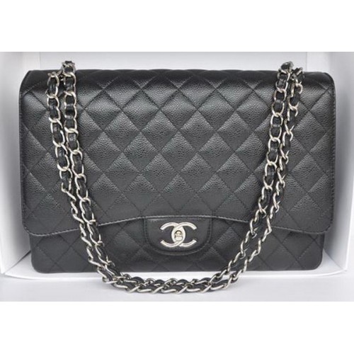 Chanel Maxi klasická kabelka A36098 černá se vzorem Cannage stříbrná
