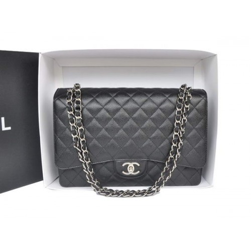 Žhavá prodejní kabelka Chanel Maxi Classic A36098 černá originální kaviárová kůže stříbrná