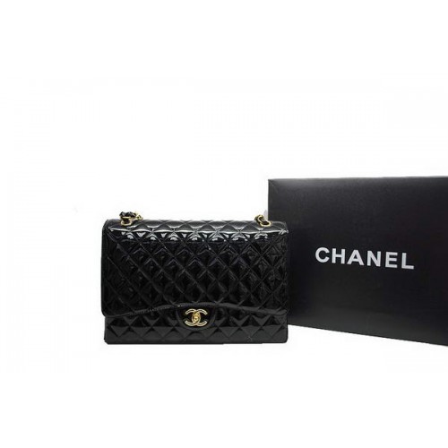 Chanel Maxi kabelka s dvojitou klopou A36098 černá originální lakovaná kůže zlatá