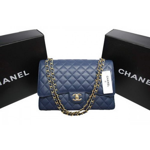 Chanel Maxi kabelka s dvojitou klopou A36098 modrá originální kaviárová kůže zlatá