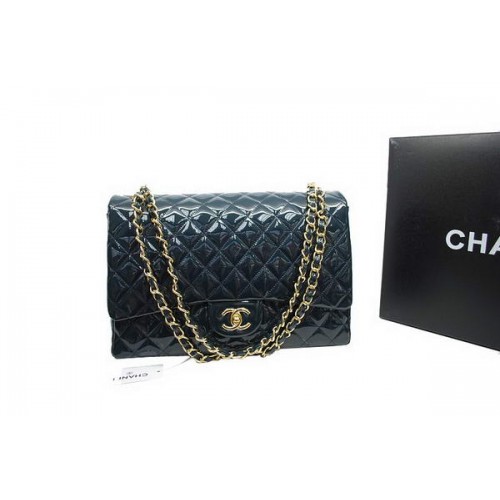 Chanel Maxi kabelka s dvojitou klopou A36098 z královské modré originální lakované kůže zlatá