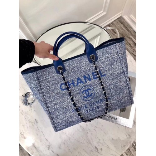 Chanel originální plátěná kožená nákupní taška 92298 modrá