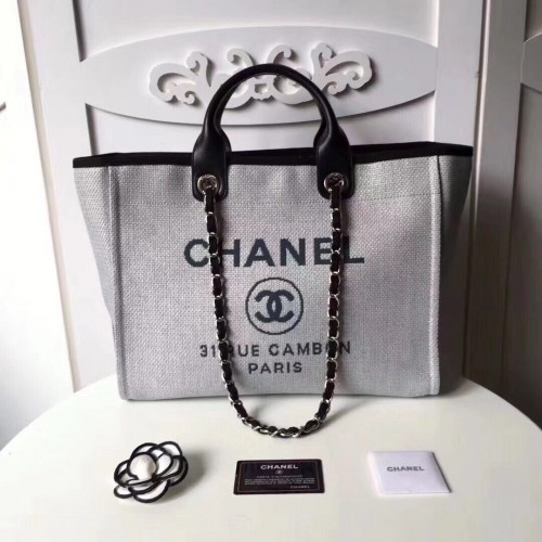 Chanel originální plátěná kožená nákupní taška 92298 šedá