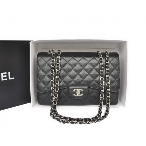 Módní Chanel originální kaviárová kožená klasická klopová kabelka A28600 černá stříbrná