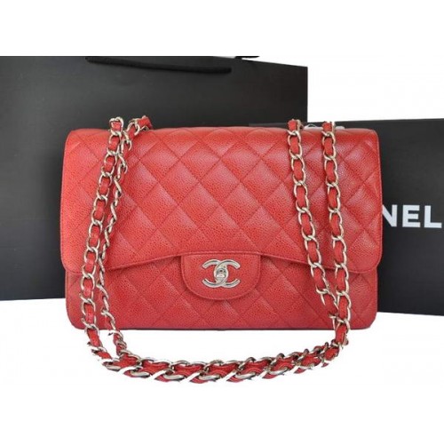 Chanel originální kaviárová kožená kabelka s klopou A28600 červená