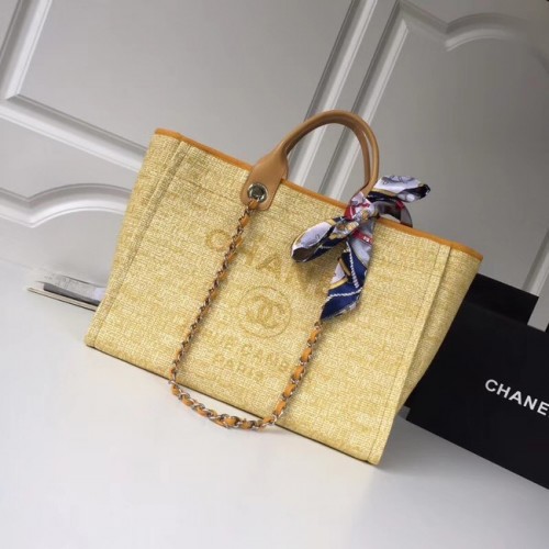 Chanel Original Tote Nákupní Taška Plátěná Telecí Kůže Stříbrná Kovová 92298 Žlutá