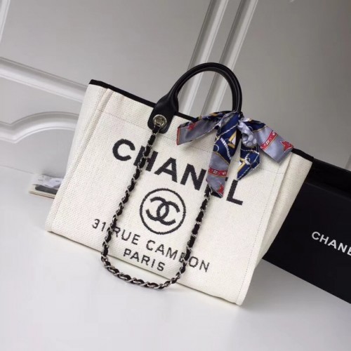 Chanel Original Tote nákupní taška z plátěné telecí kůže stříbrné barvy kov 92298 bílá