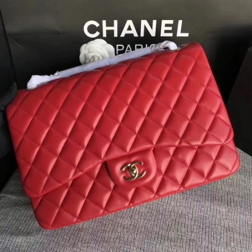 Chanel Maxi prošívaná klasická klopová kabelka červená ovčí kůže A58601 zlatá