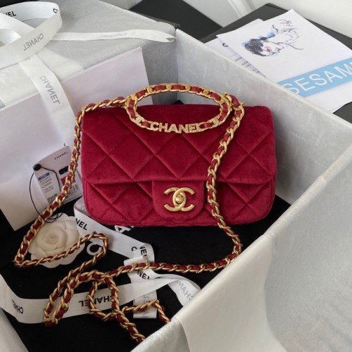 Chanel FLAP BAG Velvet Gold-Tone Metal AS3451 Burgundská