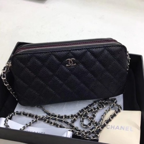 Kabelka přes rameno Chanel černá s koženým vzorem Cannage CHA6845 stříbrná