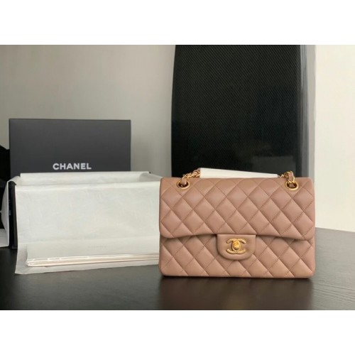 Chanel Malá klasická kabelka z ovčí kůže ve zlaté barvě, kovová A01113, taupe