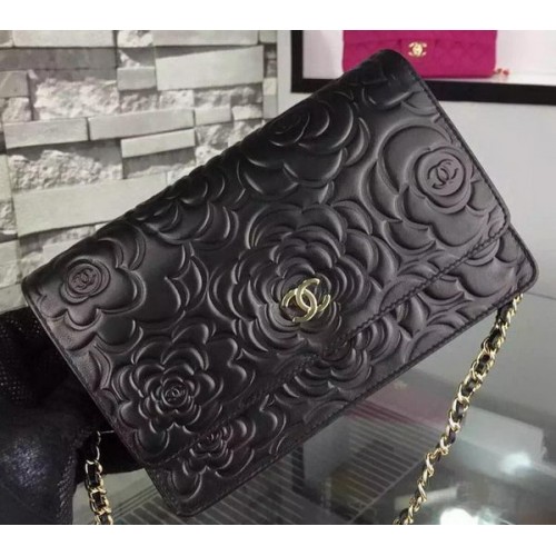 Kabelka Chanel WOC Flap Bag Originální černá kůže Camellia A5373 zlatá
