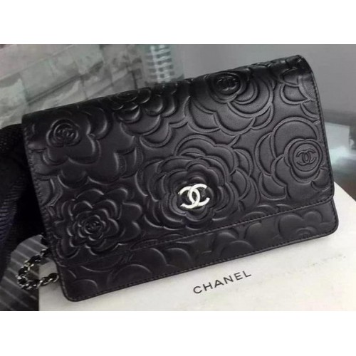 Kabelka Chanel WOC Flap Bag Originální černá kůže Camellia A5373 Stříbrná