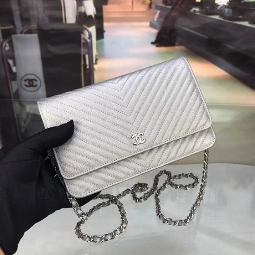 Chanel WOC Original Caviar Leather Flap kabelka přes rameno E33814 stříbrná