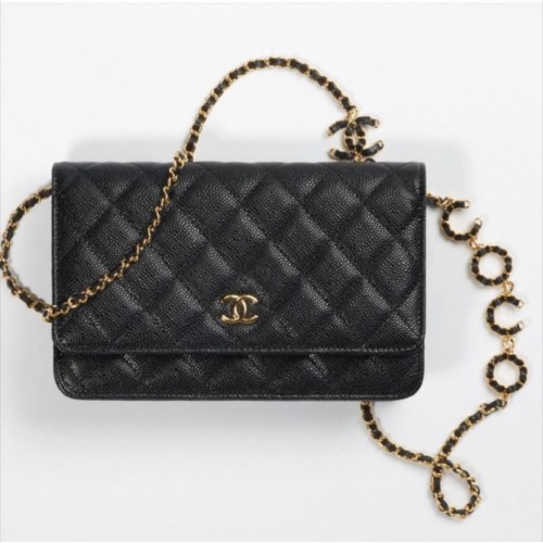 Chanel WOC Original Caviar Leather Flap kabelka přes rameno CC33814 černáZlatý řetízek