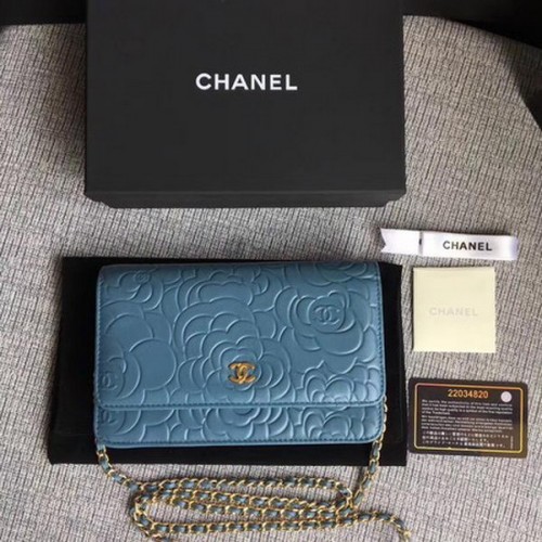 Chanel WOC Skyblue Camellia kožená mini kabelka s klopou A33814 zlatá