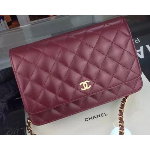 Chanel WOC mini kabelka s klopou vínová ovčí kůže A5373 zlatá