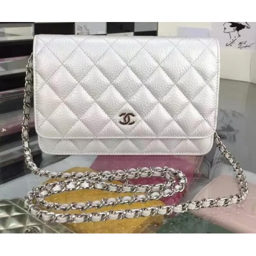 Chanel WOC mini kabelka s klopou z jelení kůže A5375 stříbrná