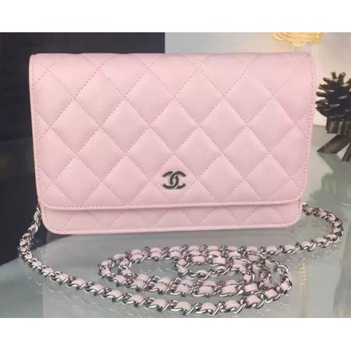 Chanel WOC mini kabelka s klopou růžová ovčí kůže A5373 stříbrná