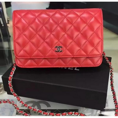 Chanel WOC mini kabelka s klopou červená ovčí kůže A5373 stříbrná