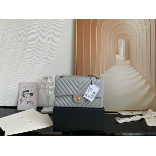 Klasická kabelka Chanel z jehněčí kůže, zlatá, kovová, V01112, šedá