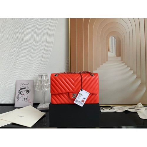 Klasická kabelka Chanel z jehněčí kůže, stříbrná, kovová, V01112, oranžová