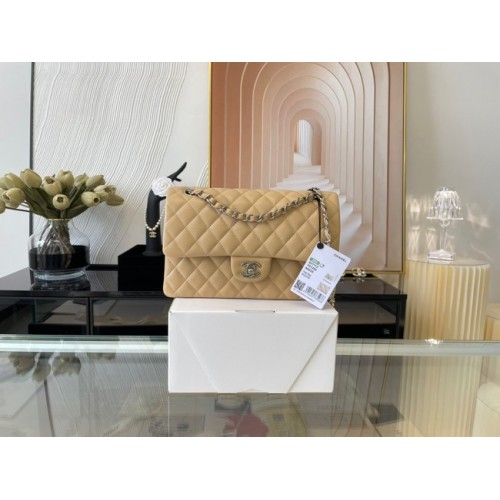 Klasická kabelka Chanel z jehněčí kůže a stříbrného kovu 01112 meruňková