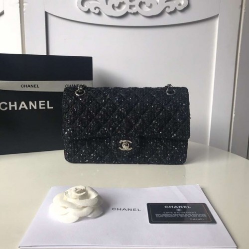 Klasická kabelka Chanel Tweed Braid stříbrné barvy kovu A01112-2