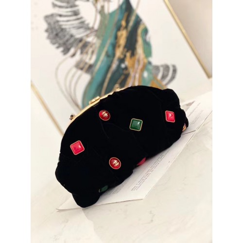 Kabelka Chanel sametová, černá, zlatá, kovová AB2137