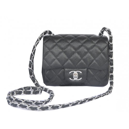 Chanel mini klasická klopová kabelka černá s cannage vzorem 1115 stříbrná