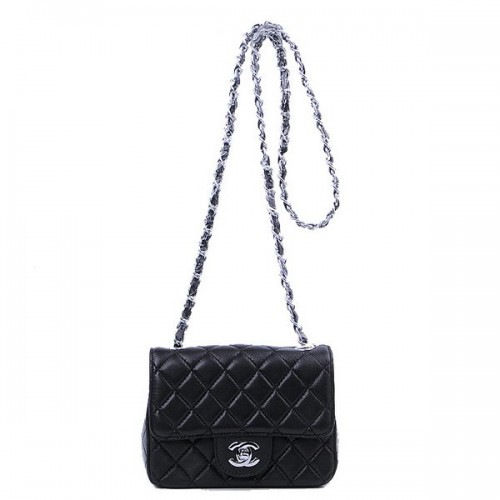 Chanel mini klasická klopová kabelka černá ovčí kůže 1115 stříbrná