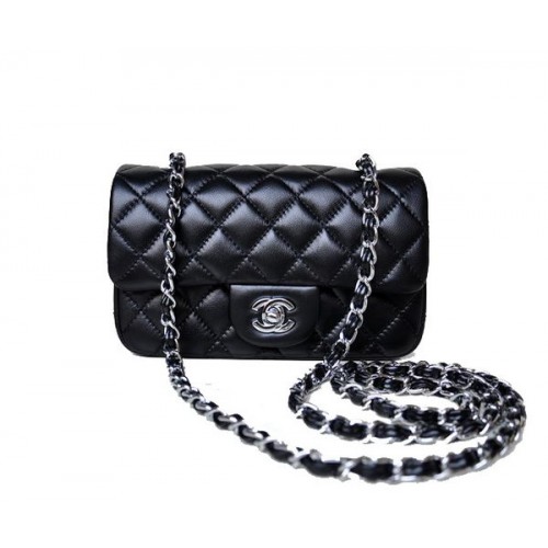 Chanel mini klasická klopová kabelka černá ovčí kůže 1117 stříbrná