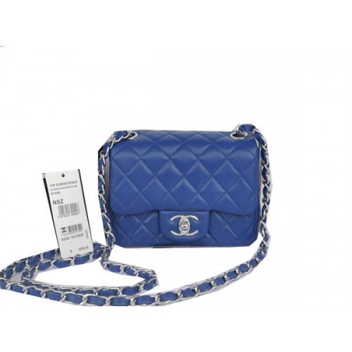 Chanel mini klasická klopová kabelka modrá originální ovčí kůže CHA1115 stříbrná