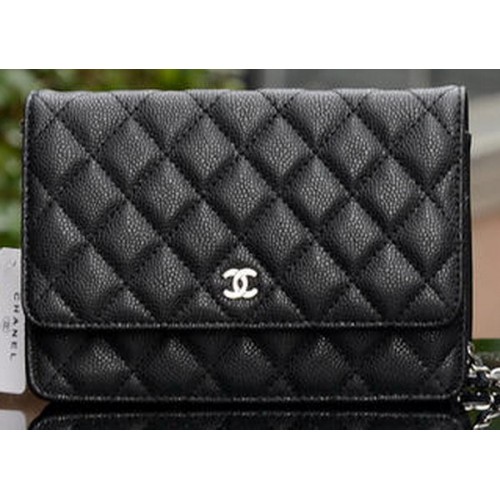 Mini kabelka Chanel s klopou, černá, vzor Cannage, A33814, stříbrná