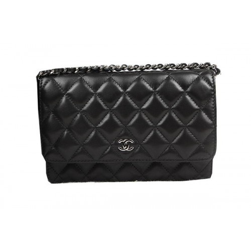 Chanel mini kabelka s klopou CHA33814 černá originální ovčí kůže stříbrná