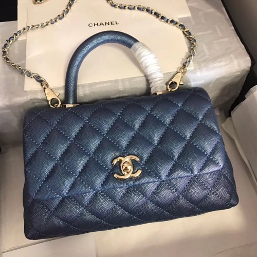 Originální kožená kabelka Chanel Caviar s klopou a horním uchem A92290 - modro-zlatá kovová