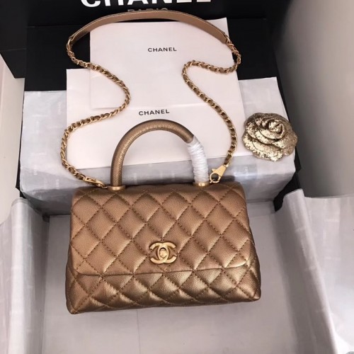 Originální kožená kabelka Chanel Caviar s horní rukojetí A92290, bronzový a zlatý kov