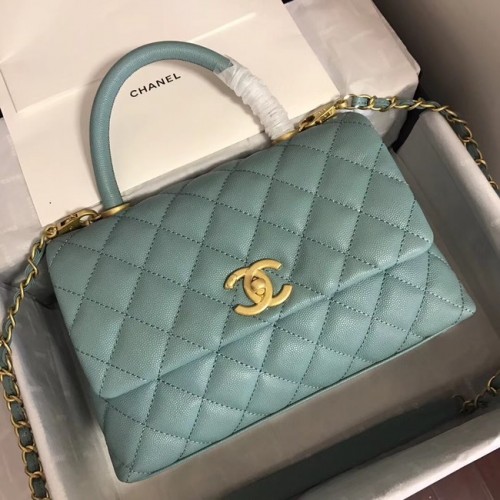 Originální kožená kabelka Chanel Caviar s klopou a horním uchem A92290 - zeleno-zlatá kovová