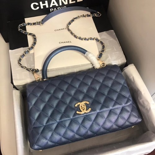 Originální kožená kabelka Chanel Caviar s horní rukojetí A92292 v modré a zlaté barvě