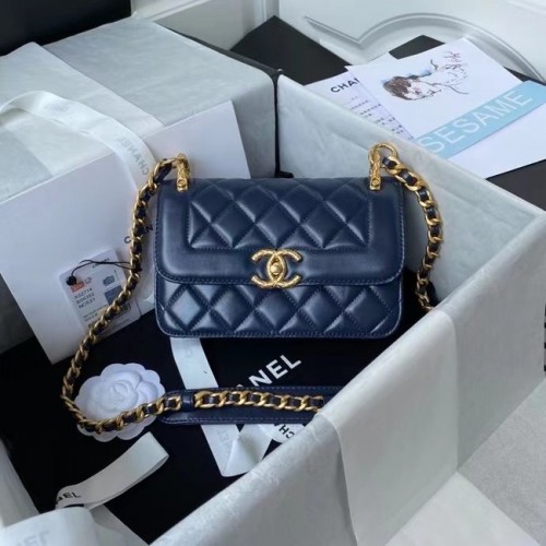 Chanel malá kabelka přes rameno s klopou, originální kůže AS2714 modrá