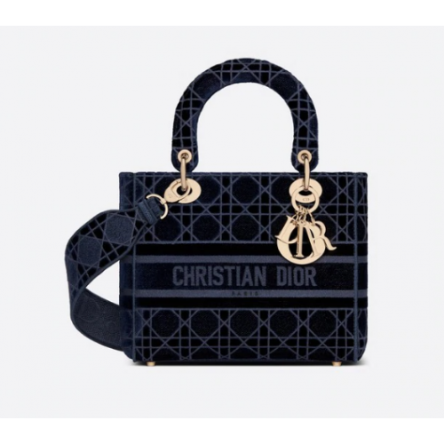 Střední dámská kabelka DIOR D-LITE, modrá, s vyšívaným sametem Cannage, M0565