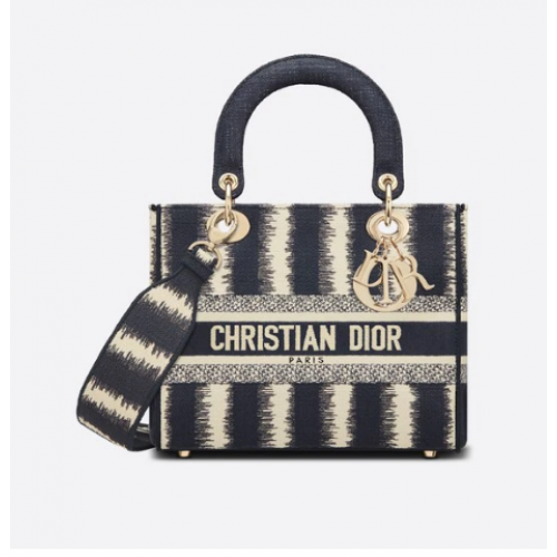 Střední dámská kabelka DIOR D-LITE s modrými pruhy a výšivkou D M0565