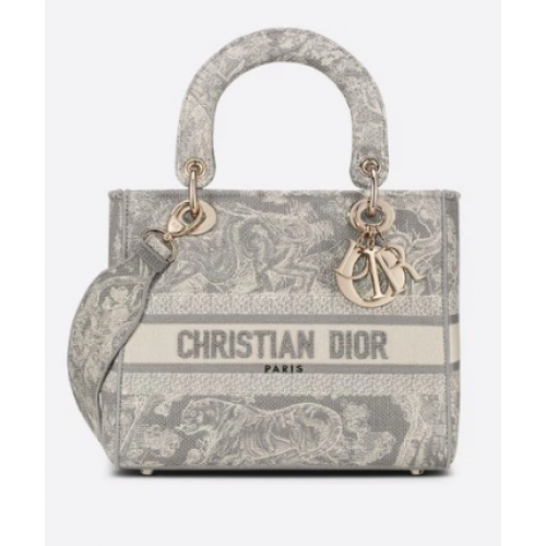 DIOR MEDIUM LADY D-LITE BAG Šedá Toile de Jouy Reverse Embroidery M0565OR