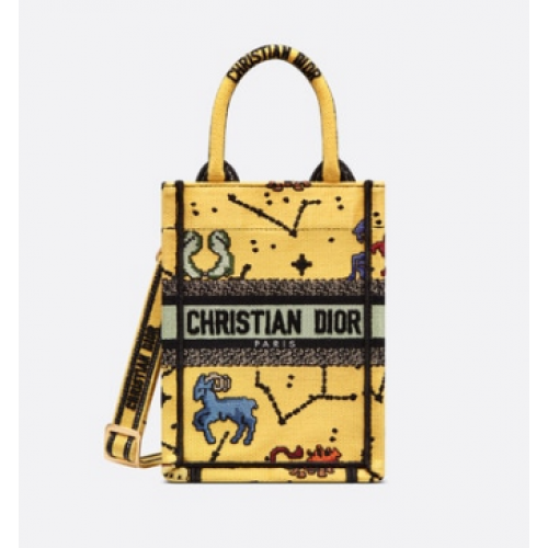 DIOR MINI DIOR BOOK TOTE TELEFONNÍ KAŠE ŽLUTÁ MULTIBAROVENÁ VÝŠIVKA ZVĚROKŮ Dior S5555CRTY