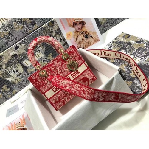 Dior STŘEDNÍ LADY D-LITE TAŠKA KVĚTINY VYŠÍVANÉ DŽÍNOVÉ M0565OJA Červená