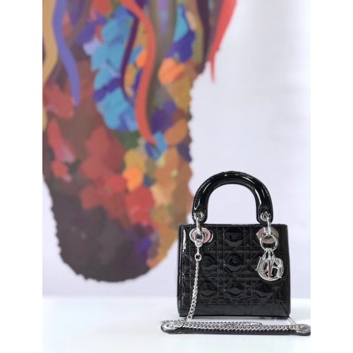 Dior MINI LADY DIOR TELECÍ KŮŽE Černá Kabelka M0505O Stříbrná