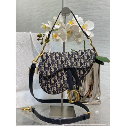 Dior sedlová kabelka s popruhem Oblique Jacquard M0488 modrá
